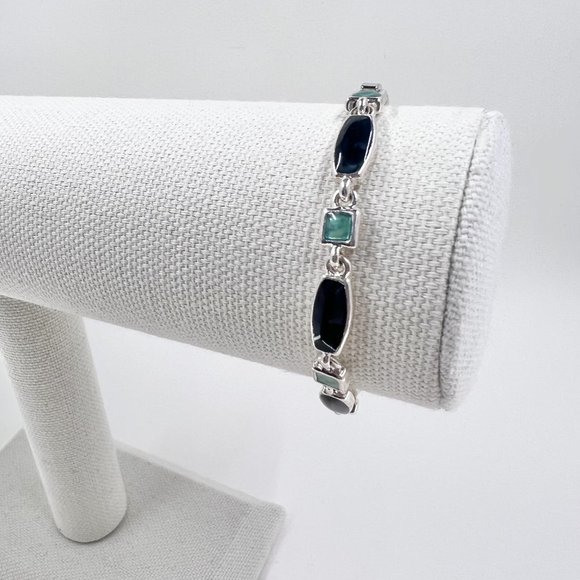 Light & Dark Green Enameled Shiny Silver Tone 7” Bracelet - Picture 3 of 6